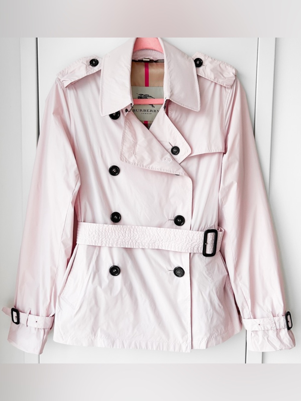 Burberry light pink nylon short trench coat